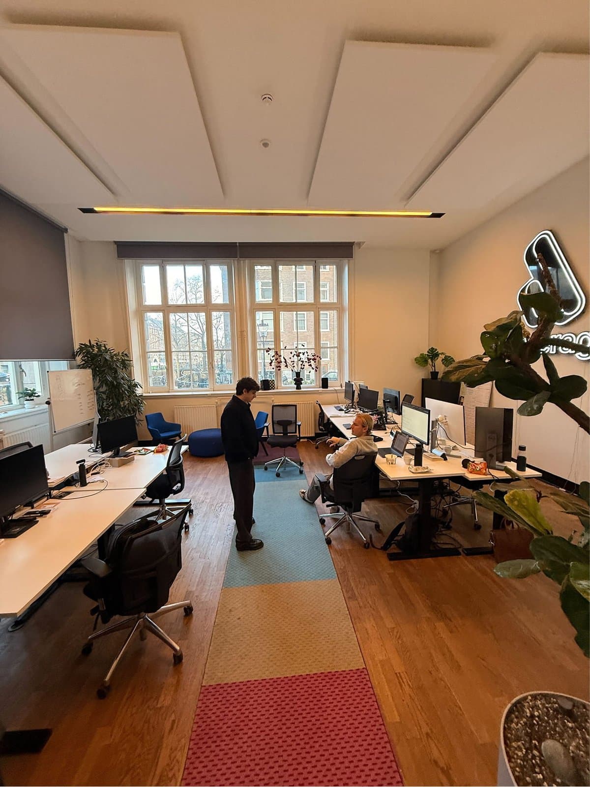 The Lleverage office in Amsterdam, an open plan room of desks and plants with a neon logo on the wall